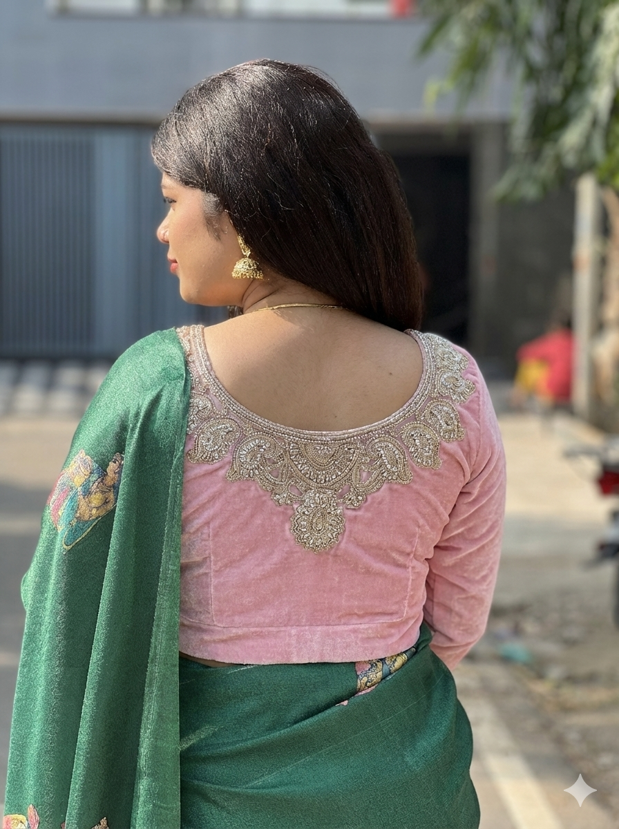 Back Round Emb Velvet Full Sleeve Blouse