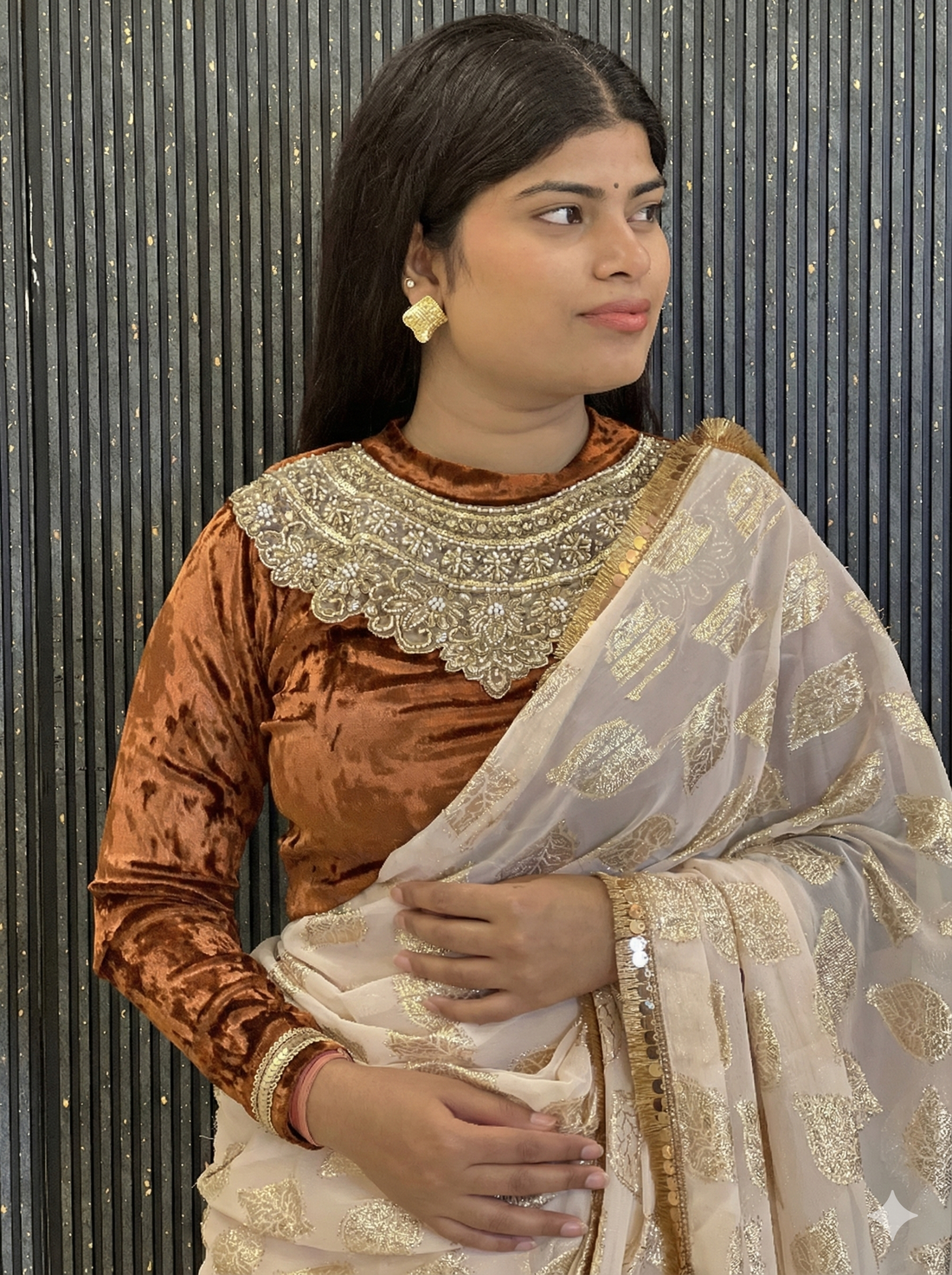 Neck Embroidery Velvet Full Sleeve Blouse