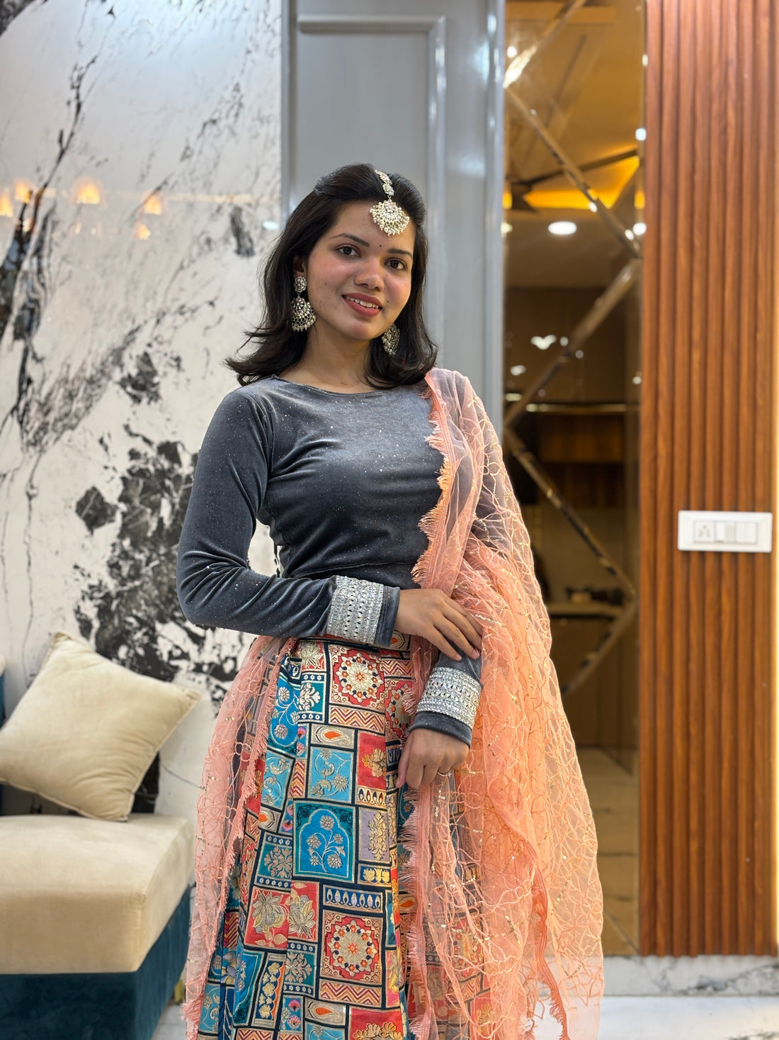 Grey Glitter Velvet Full Sleeve Blouse