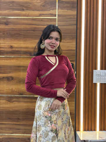 Asymmetrical Full Sleeve Velvet Blouse