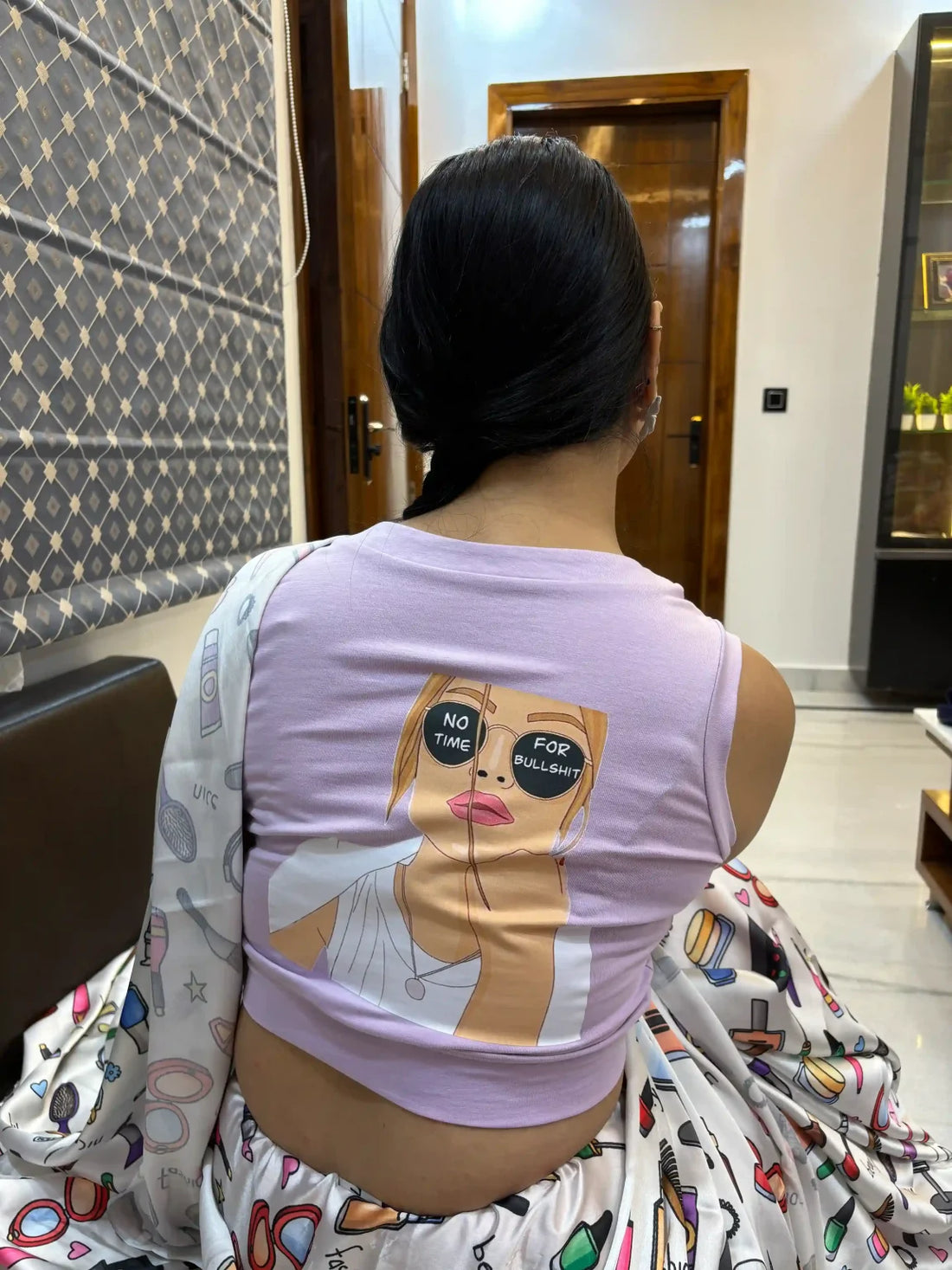 s/l bullshit print  stretchable cotton blouse