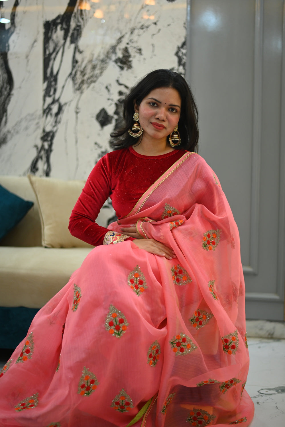 Velvet Red Sparkle Full Sleeve Blouse