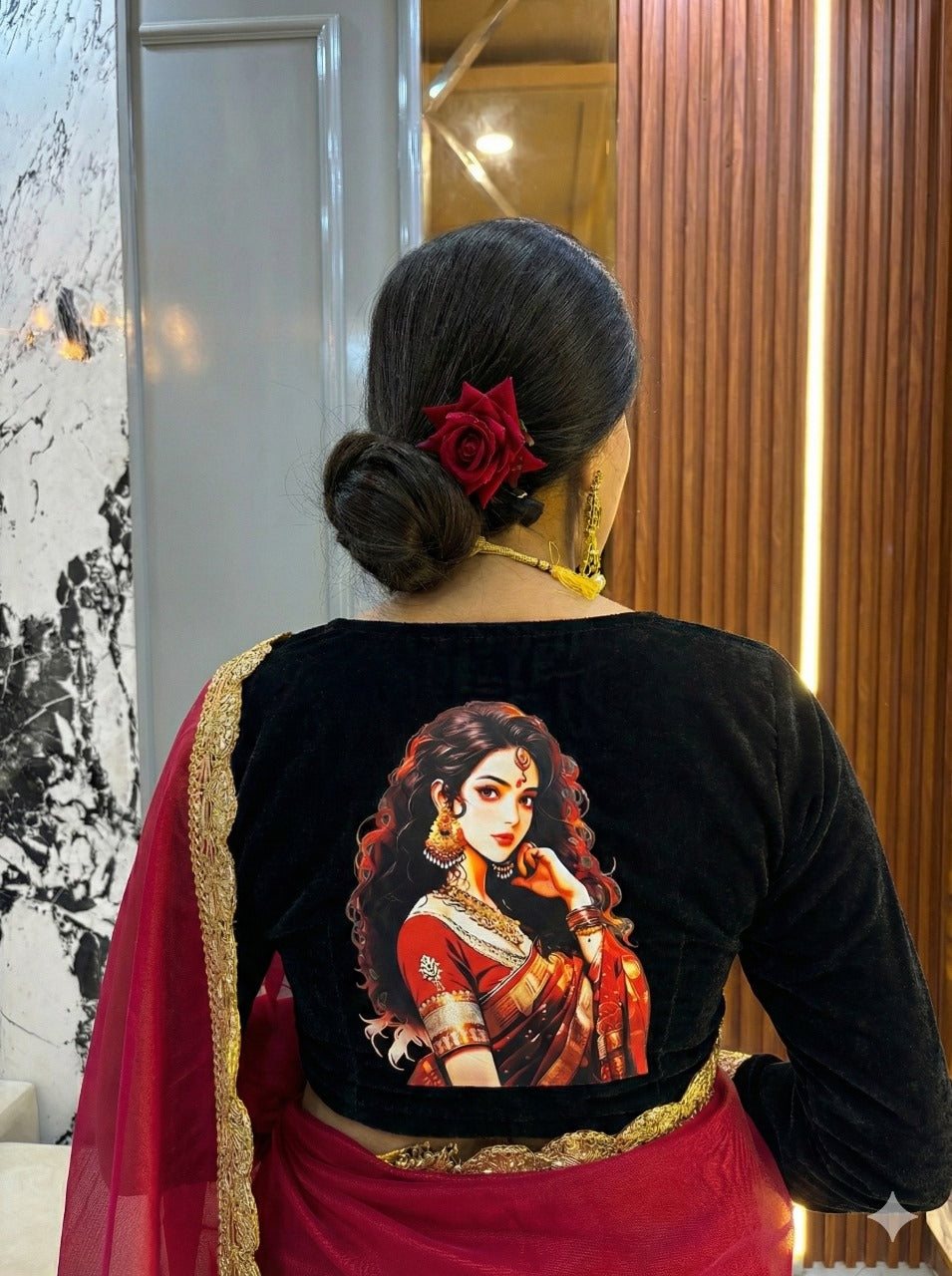 Lady Print Velvet Full Sleeve Blouse