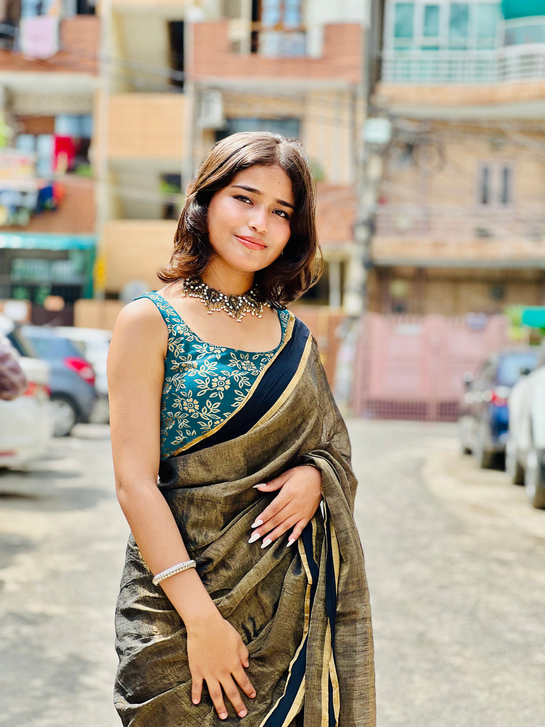 Gold Print Sleeveless Blouse